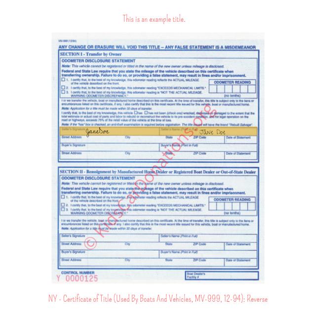 This is an Example of New York Certificate of Title (Used By Boats And Vehicles, MV-999, 12-94) Front View | Kids Car Donations